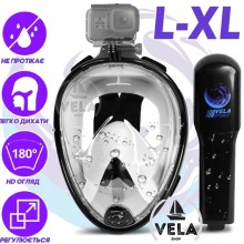 Полнолицевая панорамная L/XL Снорклинг Маска для плаванья VelaSport 1.0 на все лицо для купания ныряния мономаска с трубкой и клапаном с креплением для экшн камеры детские и взрослые Black White Полнолицевая панорамная L/XL Снорклинг Маска для плаванья VelaSport 1.0 на все лицо для купания ныряния мономаска с трубкой и клапаном с креплением для экшн камеры детские и взрослые Black White