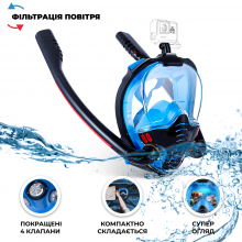 Маска для плаванья S/M VelaSport 5.0 Double Полнолицевая панорамная Снорклинг Маска на все лицо для купания ныряния 4 клапана Инновационная от запотевания с креплением для экшн камеры детские и взрослые Black Blue Маска для плаванья S/M VelaSport 5.0 Double Полнолицевая панорамная Снорклинг Маска на все лицо для купания ныряния 4 клапана Инновационная от запотевания с креплением для экшн камеры детские и взрослые Black Blue